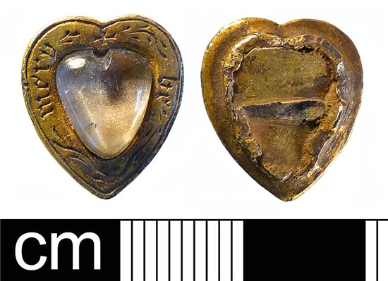 Photograph of medieval to post-medieval silver gilt heart-shaped jewellery