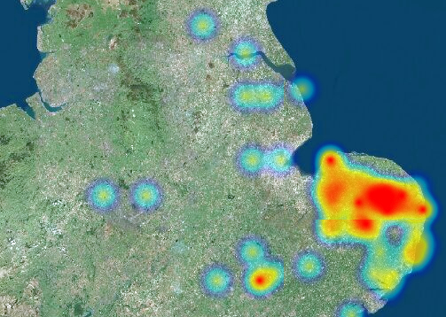 Heat map of the distribution of backwards facing beast brooches in England.